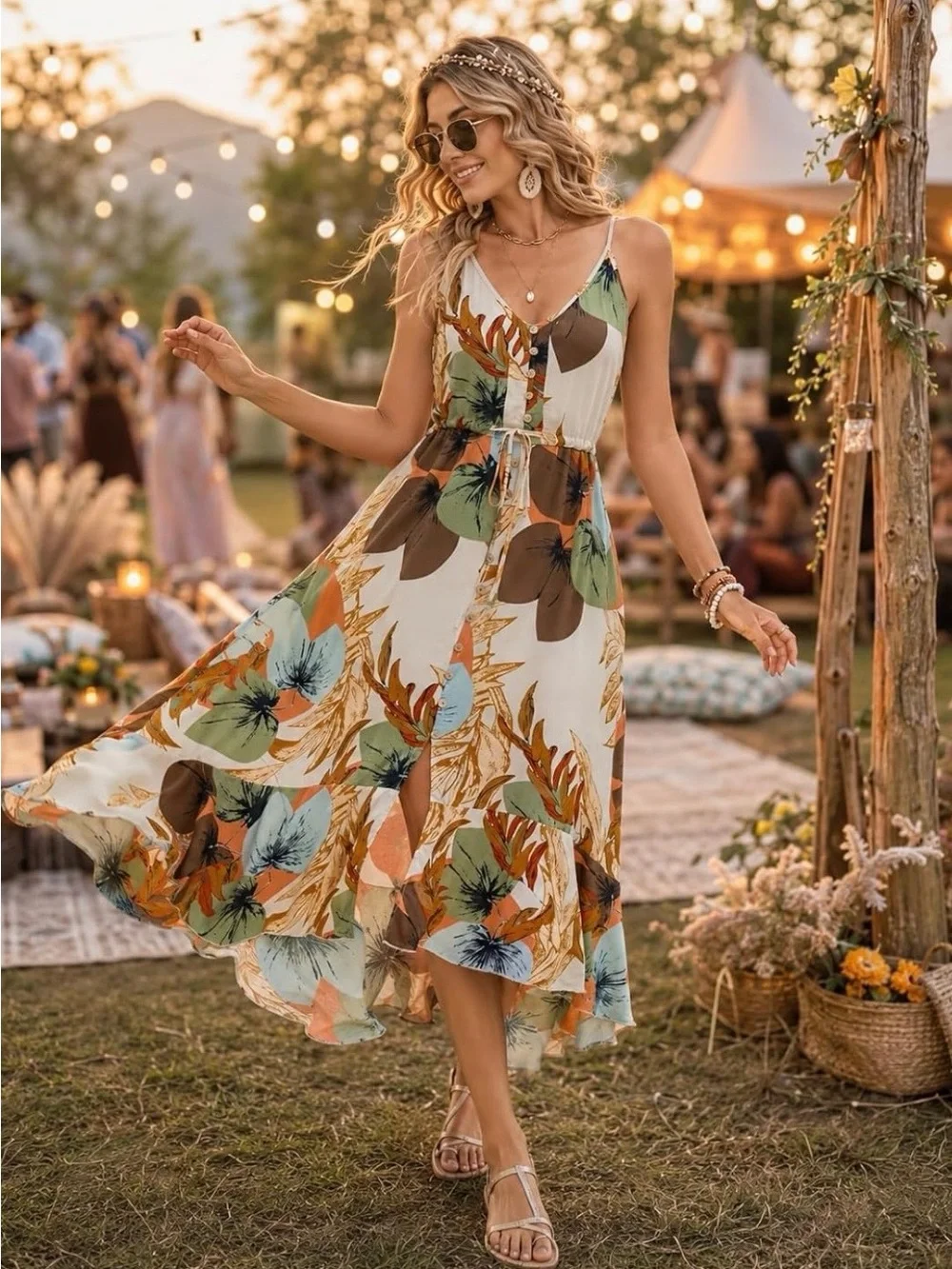 Beautiful BOLD Floral & Leaf Print Glowy Boho Bohemian Sun Dress Sundress Med - Picture 4 of 7
